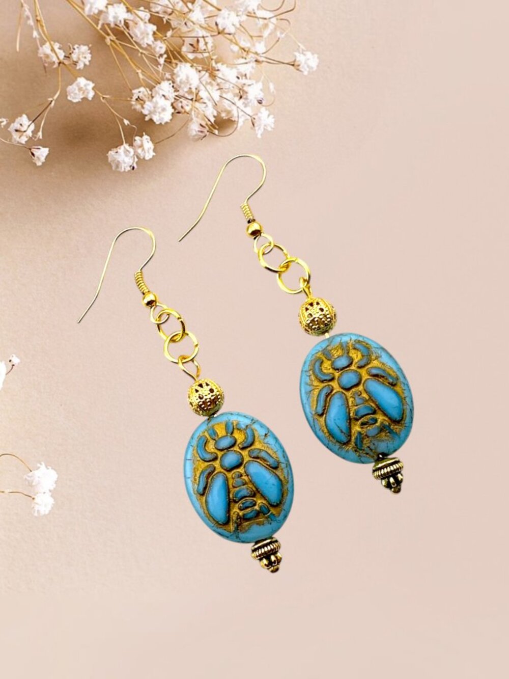 Czech Glass Bee Earrings Sky Blue Gold Dangle Cottagecore Boho Handmade - Picture 7 of 11